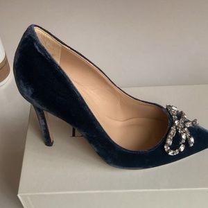 L K Bennett velvet blue shoes with crystal bows